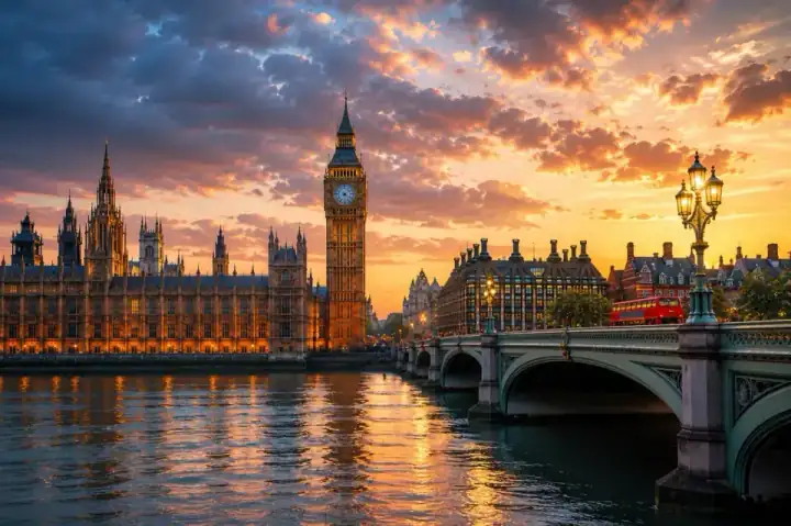 The Houses of Parliament and Big Ben across the Thames at sunset