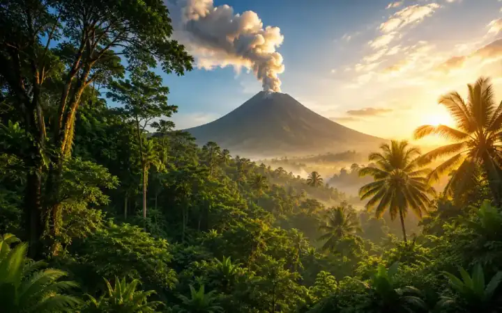 A volcano rising through mist above Indonesian rainforest at sunrise
